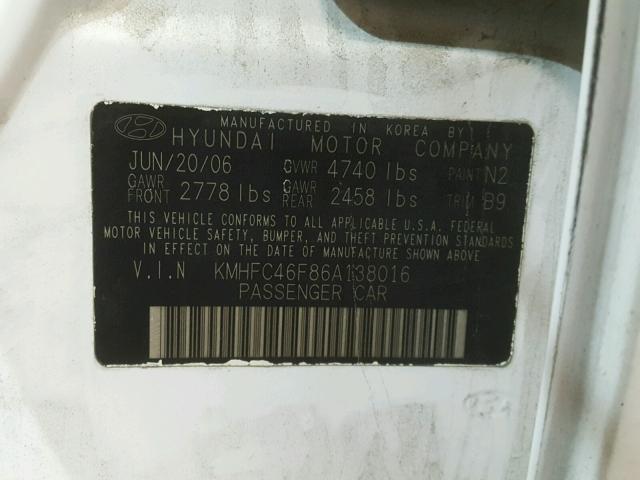 KMHFC46F86A138016 - 2006 HYUNDAI AZERA SE WHITE photo 10