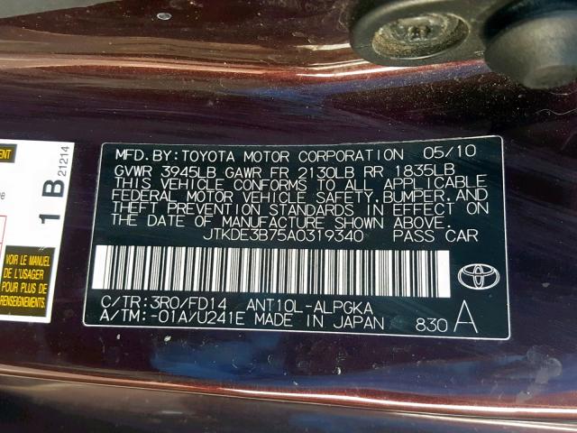 JTKDE3B75A0319340 - 2010 TOYOTA SCION TC 勃艮第红 照片 10