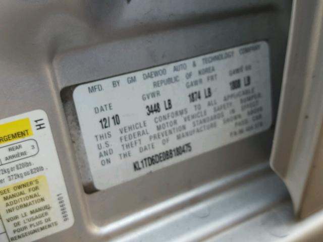 KL1TD6DE0BB180475 - 2011 CHEVROLET AVEO LS SILVER photo 10