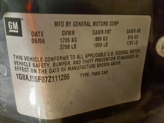 1G8AJ55F07Z111286 - 2007 SATURN ION LEVEL SILVER photo 10