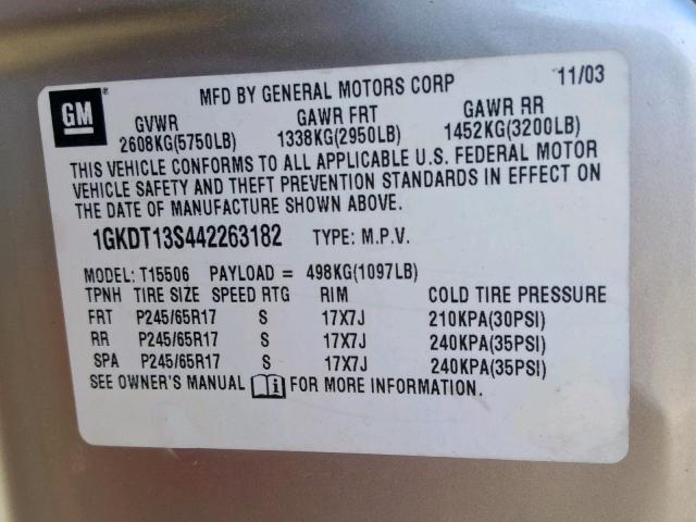 1GKDT13S442263182 - 2004 GMC ENVOY SILVER photo 10