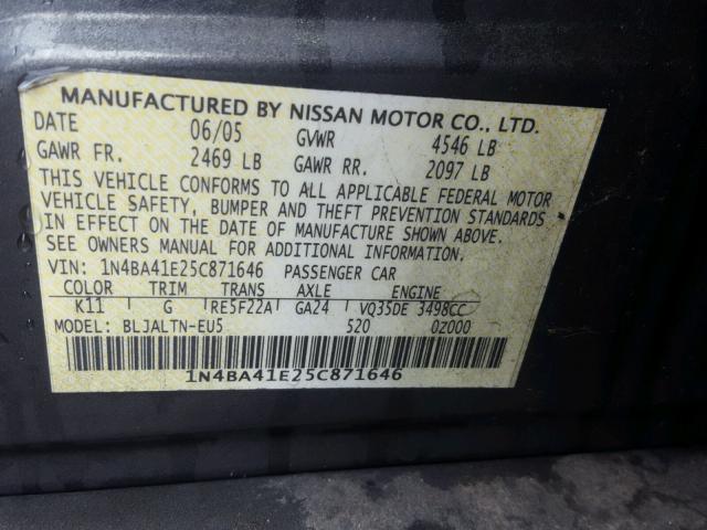 1N4BA41E25C871646 - 2005 NISSAN MAXIMA SE GRAY photo 10