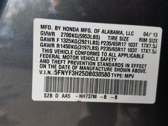 5FNYF3H25DB030580 - 2013 HONDA PILOT LX GRAY photo 10