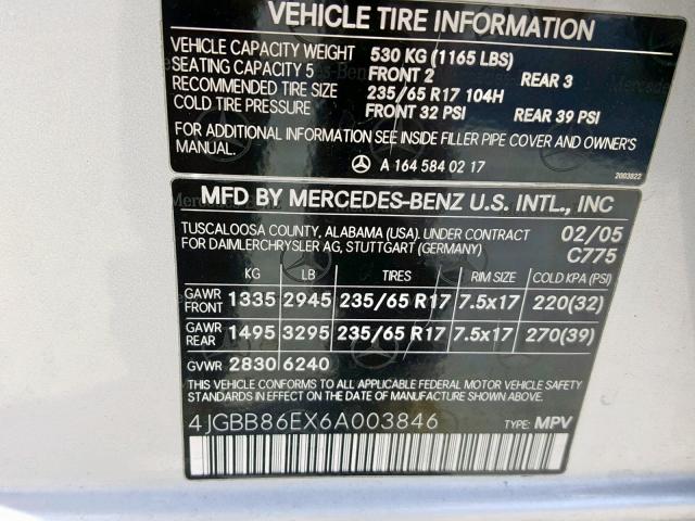 4JGBB86EX6A003846 - 2006 MERCEDES-BENZ ML 350 SILVER photo 10