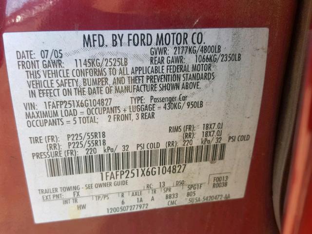 1FAFP251X6G104827 - 2006 FORD FIVE HUNDR RED photo 10