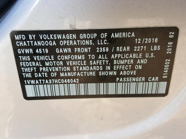 1VWAT7A37HC046042 - 2017 VOLKSWAGEN PASSAT S SILVER photo 10