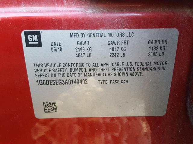 1G6DE5EG3A0149402 - 2010 CADILLAC CTS LUXURY RED photo 10