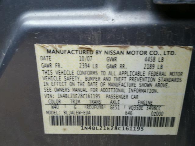 1N4BL21E28C161195 - 2008 NISSAN ALTIMA 3.5 GRAY photo 10