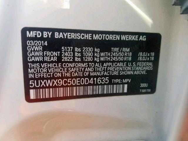 5UXWX9C50E0D41635 - 2014 BMW X3 XDRIVE2 WHITE photo 10