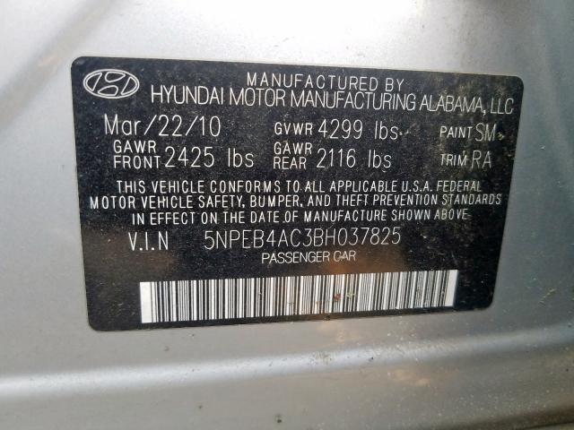 5NPEB4AC3BH037825 - 2011 HYUNDAI SONATA GLS GRAY photo 10