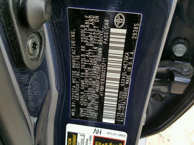 4T1BK1EB3GU225711 - 2016 TOYOTA AVALON XLE BLUE photo 10