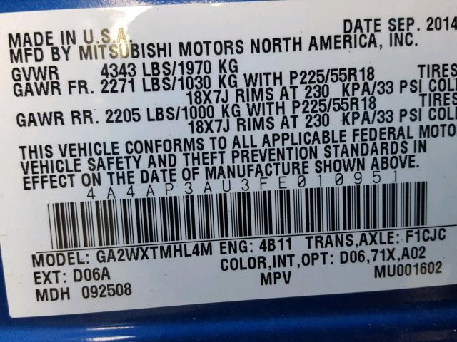 4A4AP3AU3FE010951 - 2015 MITSUBISHI OUTLANDER BLUE photo 10