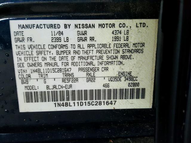 1N4BL11D15C281647 - 2005 NISSAN ALTIMA SE BLUE photo 10