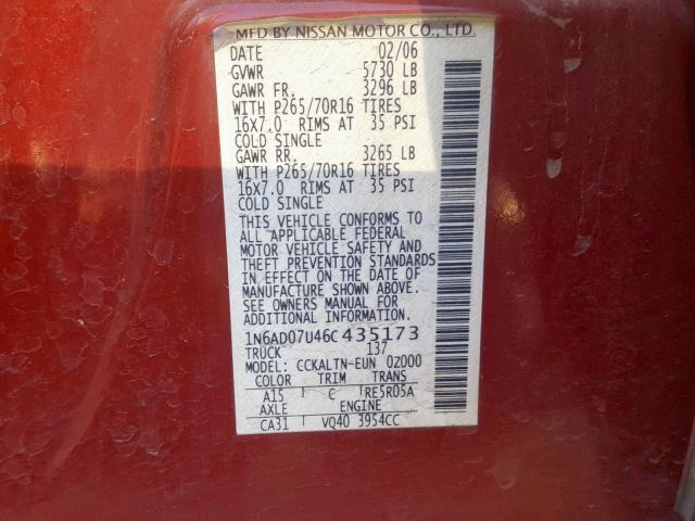 1N6AD07U46C435173 - 2006 NISSAN FRONTIER C RED photo 10