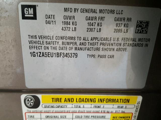 1G1ZA5EU1BF345379 - 2011 CHEVROLET MALIBU LS ნაცრისფერი ფოტო 10