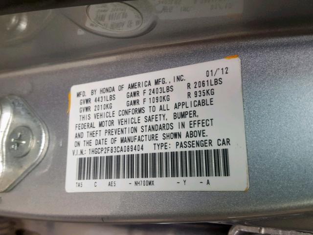 1HGCP2F83CA089404 - 2012 HONDA ACCORD EXL SILVER photo 10