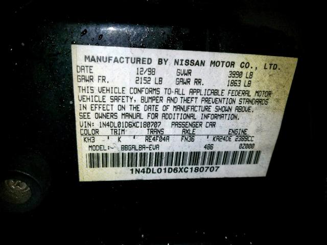 1N4DL01D6XC180707 - 1999 NISSAN ALTIMA XE BLACK photo 10