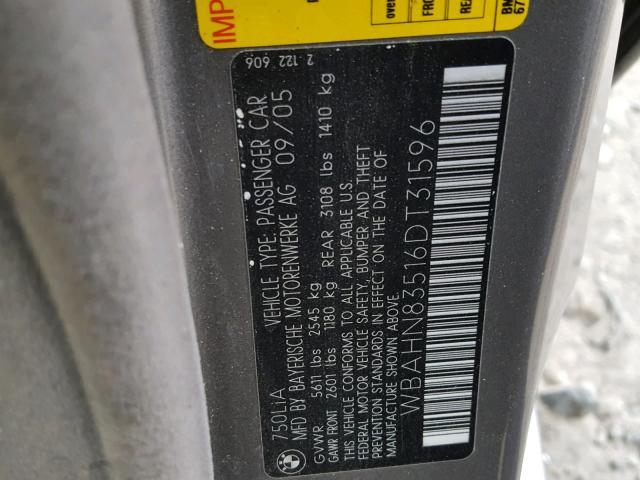 WBAHN83516DT31596 - 2006 BMW 750 LI GRAY photo 10