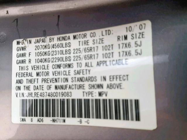 JHLRE48748C019083 - 2008 HONDA CR-V EXL SILVER photo 10