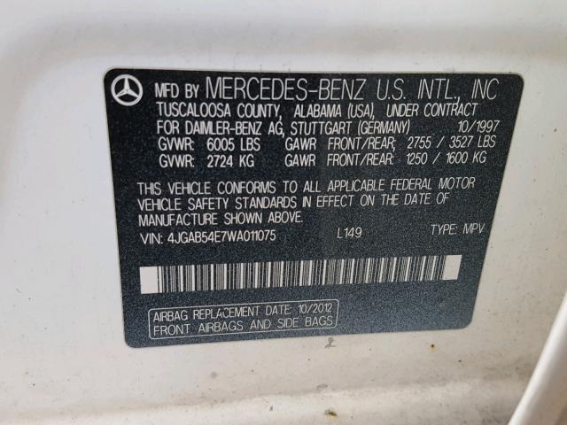 4JGAB54E7WA011075 - 1998 MERCEDES-BENZ ML 320 WHITE photo 10