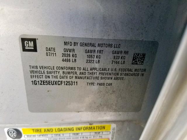 1G1ZE5EUXCF125311 - 2012 CHEVROLET MALIBU LTZ ვერცხლისფერი ფოტო 10