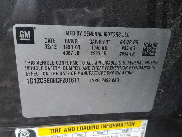 1G1ZC5E08CF281611 - 2012 CHEVROLET MALIBU 1LT გრაფიტი ფოტო 10