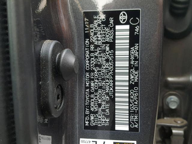 JTDKARFP7H3057515 - 2017 TOYOTA PRIUS PRIM ნაცრისფერი ფოტო 10