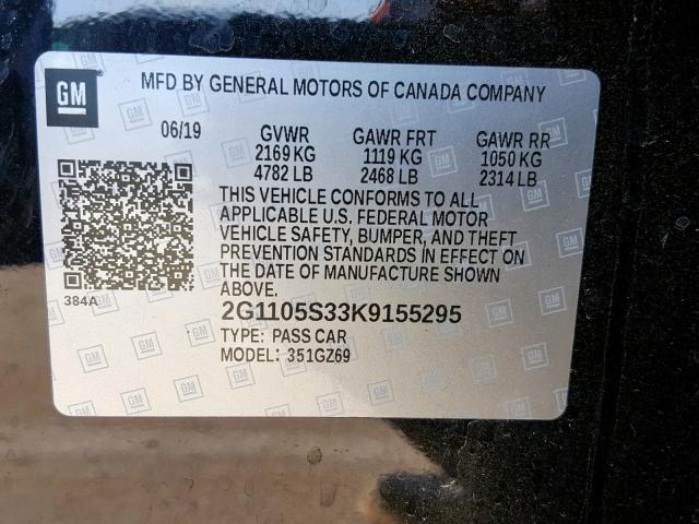 2G1105S33K9155295 - 2019 CHEVROLET IMPALA PRE BLACK photo 10