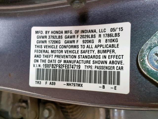 19XFB2F92FE074719 - 2015 HONDA CIVIC EXL Մոխրագույն լուսանկար 10