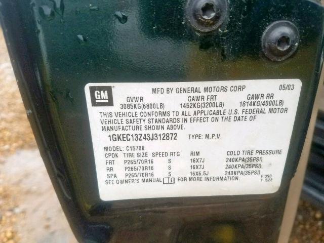 1GKEC13Z43J312872 - 2003 GMC YUKON GREEN photo 10