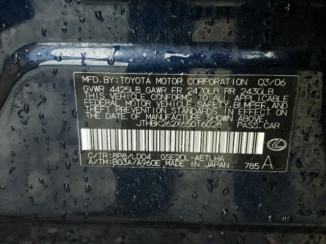 JTHBK262X65016028 - 2006 LEXUS IS 250 BLUE photo 10