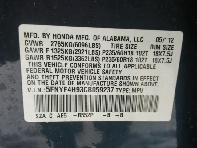 5FNYF4H93CB059237 - 2012 HONDA PILOT TOUR BLUE photo 10