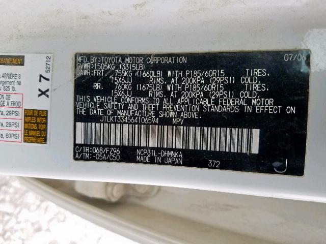 JTLKT334564106594 - 2006 TOYOTA SCION XB 白色 照片 10