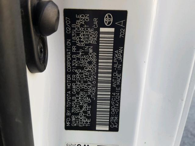 JTKDE167270209899 - 2007 TOYOTA SCION TC 白色 照片 10