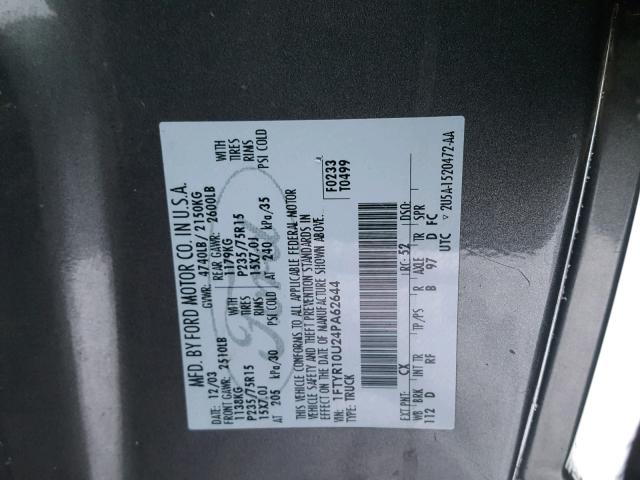 1FTYR10U24PA62644 - 2004 FORD RANGER GRAY photo 10