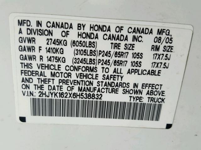 2HJYK162X6H538832 - 2006 HONDA RIDGELINE WHITE photo 10