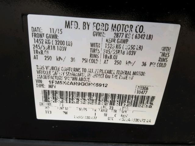 1FM5K8AR9GGB65912 - 2016 FORD EXPLORER P BLACK photo 10