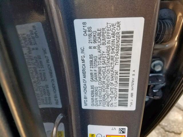 1HGCV1F17JA157347 - 2018 HONDA ACCORD LX  photo 10