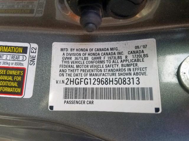 2HGFG12968H508313 - 2008 HONDA CIVIC EXL 灰色 照片 10