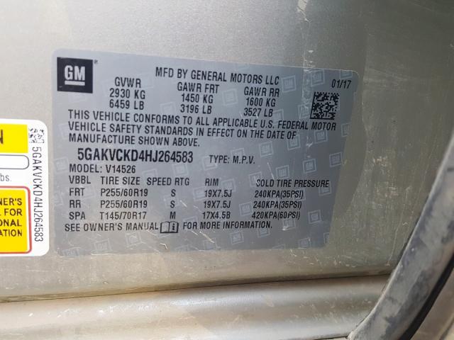 5GAKVCKD4HJ264583 - 2017 BUICK ENCLAVE TAN photo 10