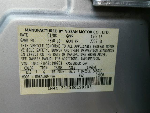 1N4CL21E58C199203 - 2008 NISSAN ALTIMA HYB SILVER photo 10