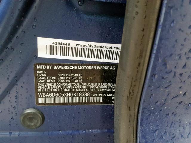 WBA6D6C5XHGK18388 - 2017 BMW 650 XI BLUE photo 10