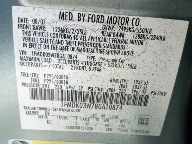 1FMDK03W78GA10874 - 2008 FORD TAURUS X L GREEN photo 10