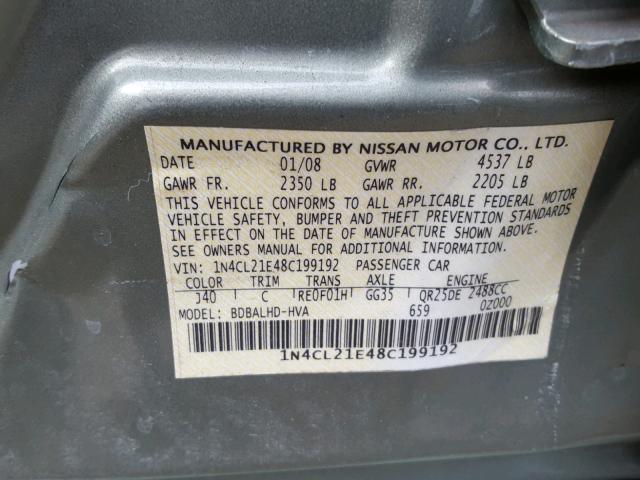 1N4CL21E48C199192 - 2008 NISSAN ALTIMA HYB GREEN photo 10