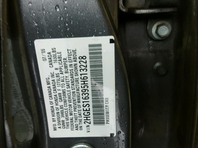 2HGES16395H613228 - 2005 HONDA CIVIC DX V GRAY photo 10