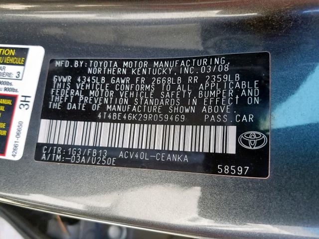 4T4BE46K29R059469 - 2009 TOYOTA CAMRY BASE CHARCOAL photo 10