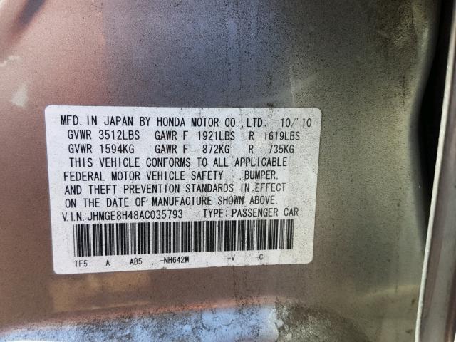 JHMGE8H48AC035793 - 2010 HONDA FIT SPORT GRAY photo 10