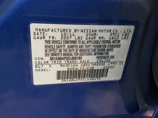 3N1AB6AP5CL658193 - 2012 NISSAN SENTRA 2.0 BLUE photo 10