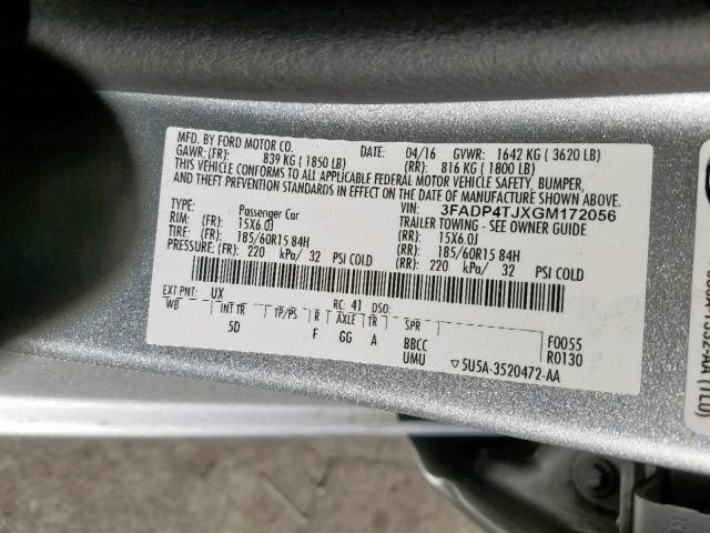 3FADP4TJXGM172056 - 2016 FORD FIESTA S SILVER photo 10