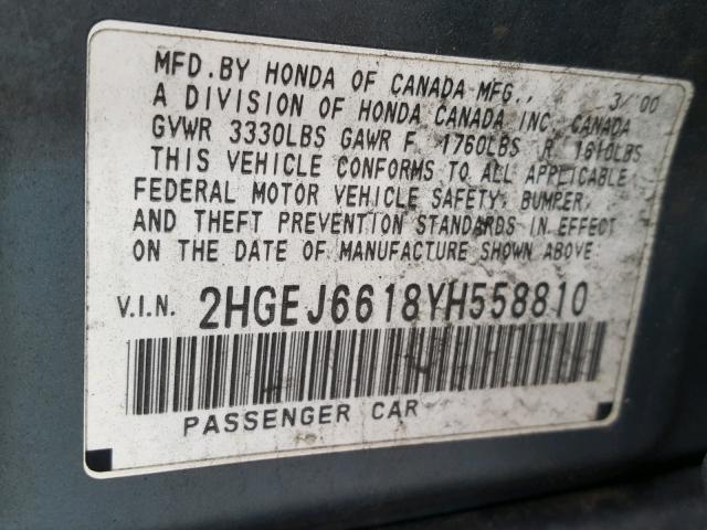 2HGEJ6618YH558810 - 2000 HONDA CIVIC BASE Mavi foto 10